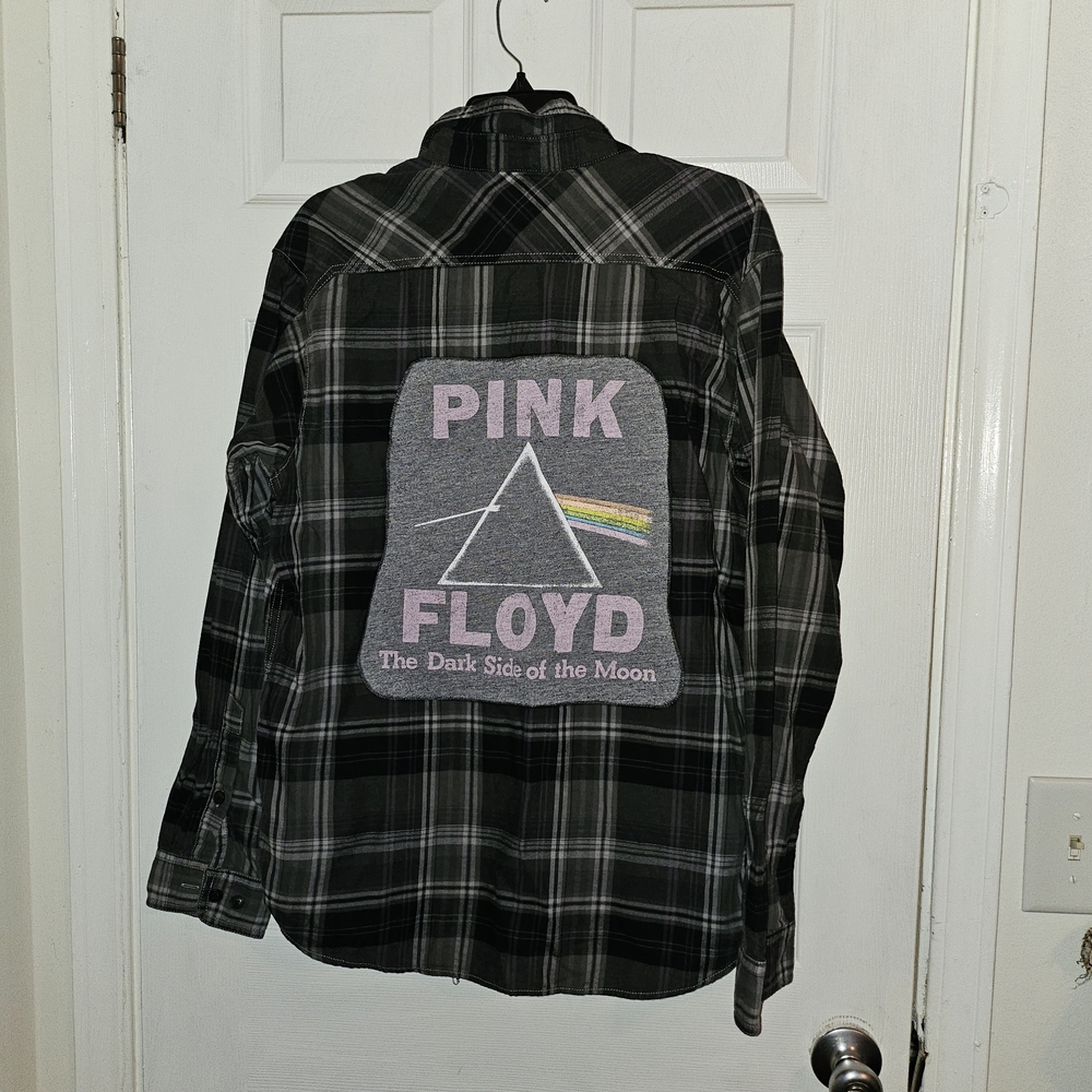 Upcycled Plaid Men's Shirt With Pink Floyd Graphic On The Back.